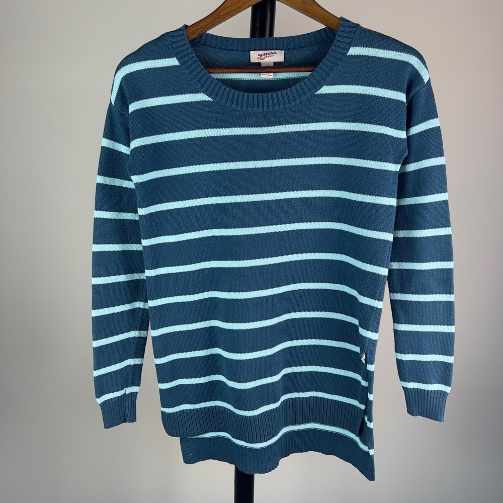 Arizona Jean Co Sweater Teal Striped Crew Neck Pullover Small 90s Grunge Style